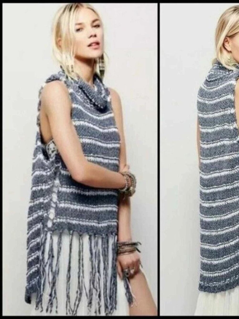 FREE PEOPLE Folksong Fringe Tunic Top Sz M Open Knit Sleeveless Boho Festival